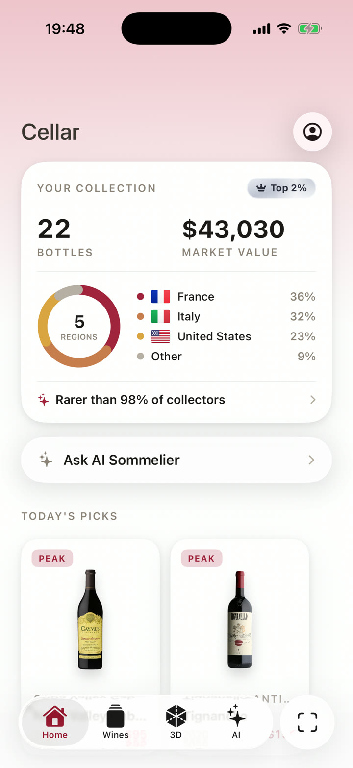 Cellar's home screen showing a collection of 22 bottles worth $43,030 across five regions