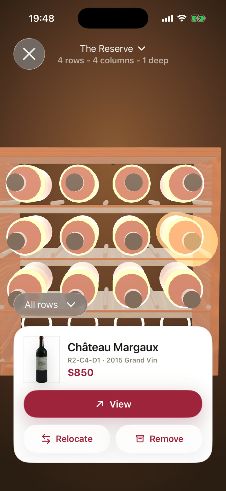 A 3D rack in Cellar with one bottle lit, showing Château Margaux at position R2-C4-D1