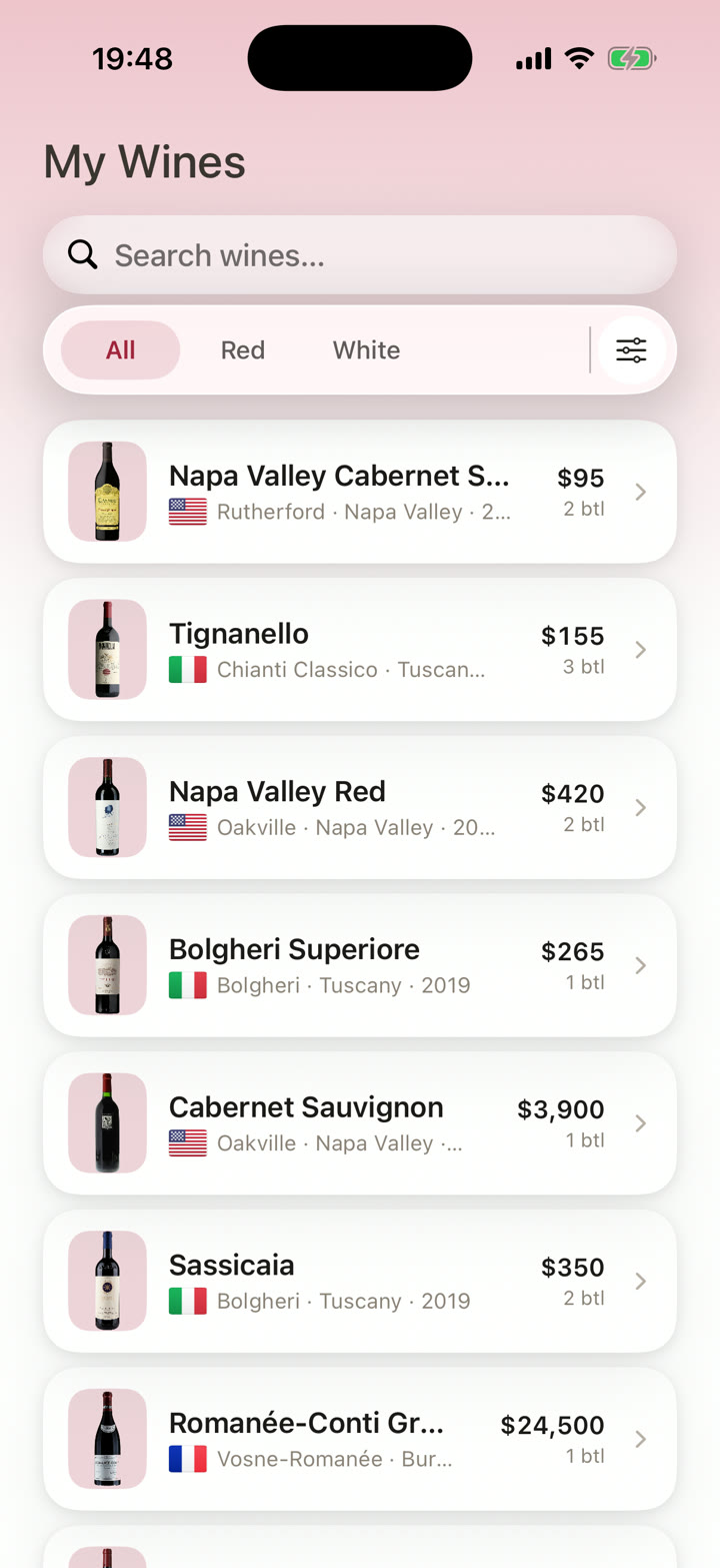 Cellar's My Wines list with a search field and every bottle's region, vintage and value