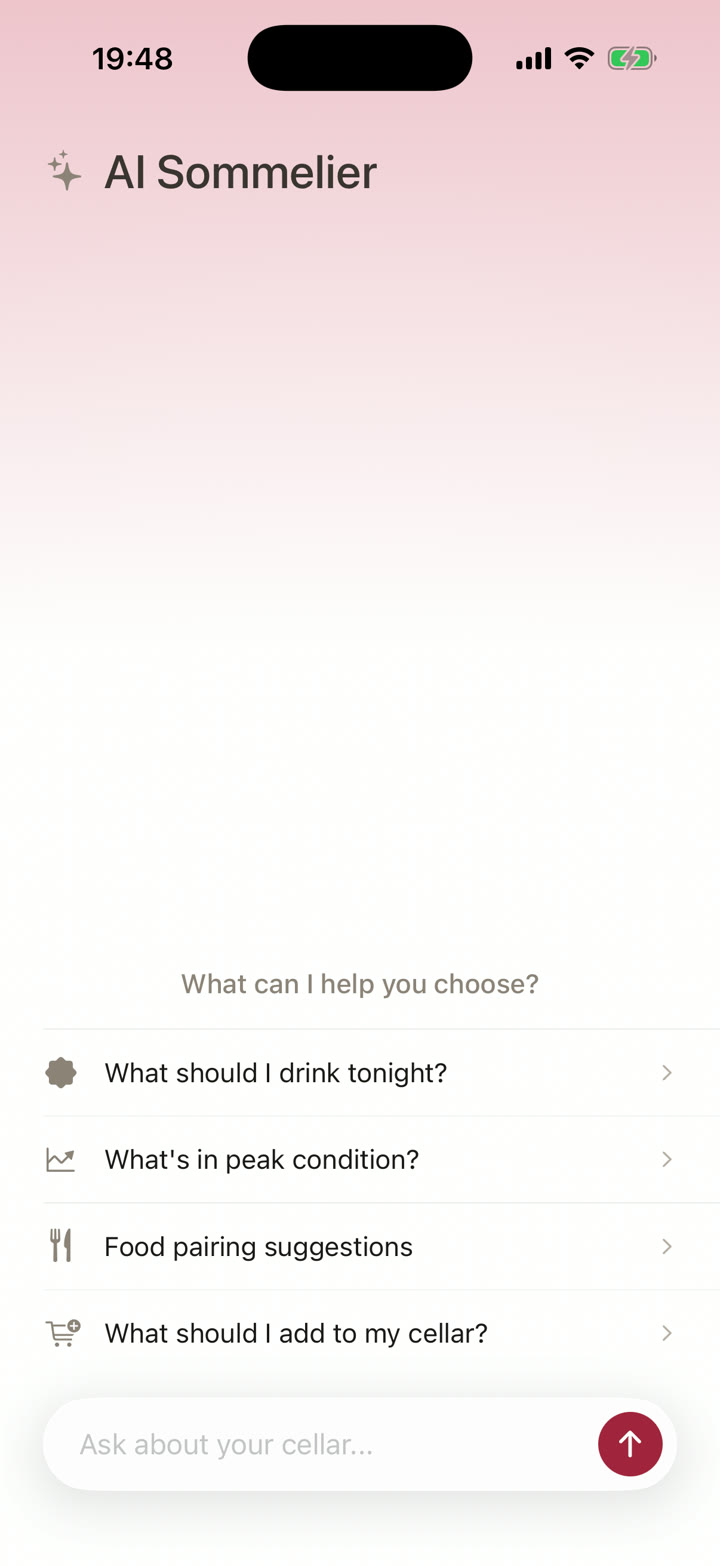 Cellar's AI Sommelier screen with four suggested questions and a field to ask about your cellar