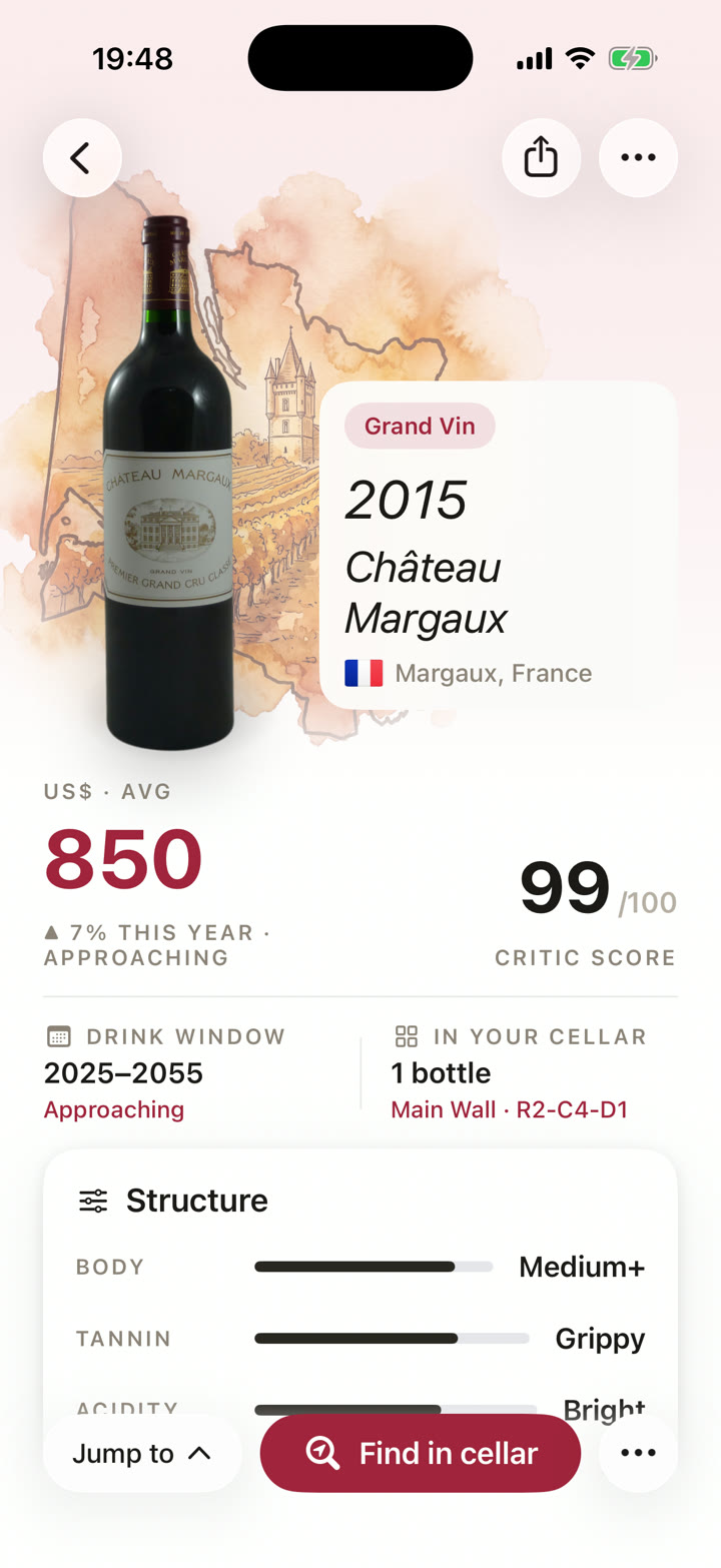 Wine drinking window app showing a 2015 Château Margaux with a 2025 to 2055 window, marked approaching